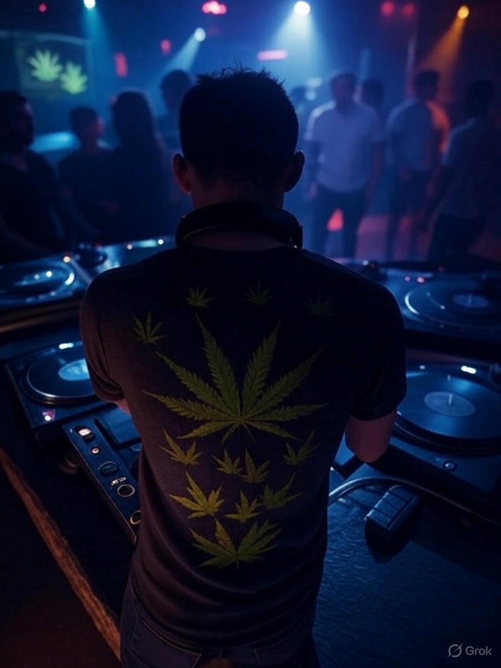 Vibrant cannabis social club atmosphere with a DJ playing music and members enjoying themselves.